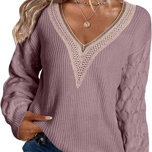 EVALESS Womens Long Sleeve Sweaters Fall 2024 Trendy Sexy Lace V Neck Knit